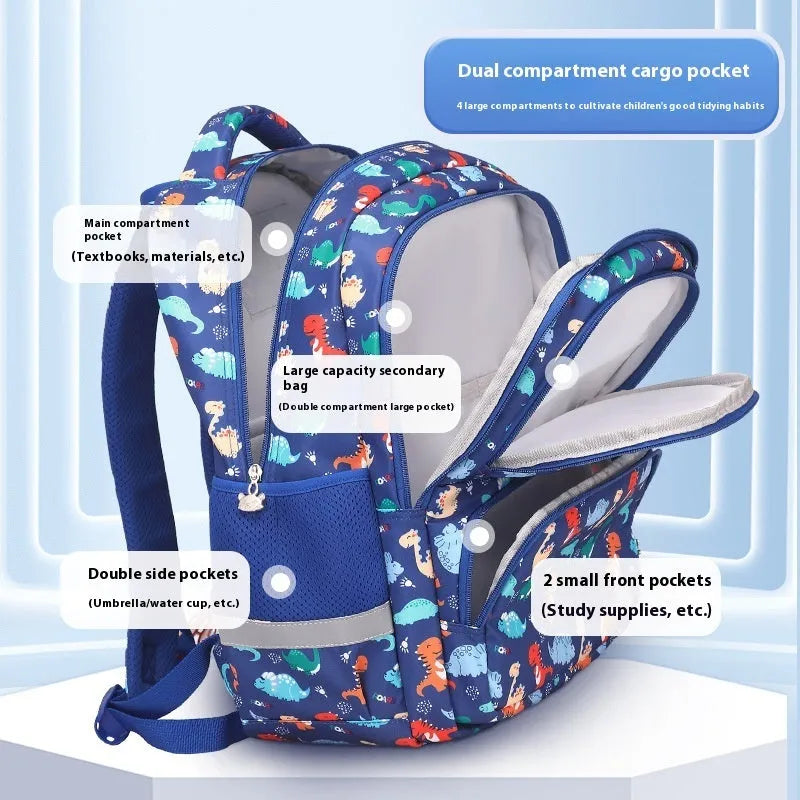 Children's waterproof school backpack in multiple colours including dinosaur and rainbow patterns