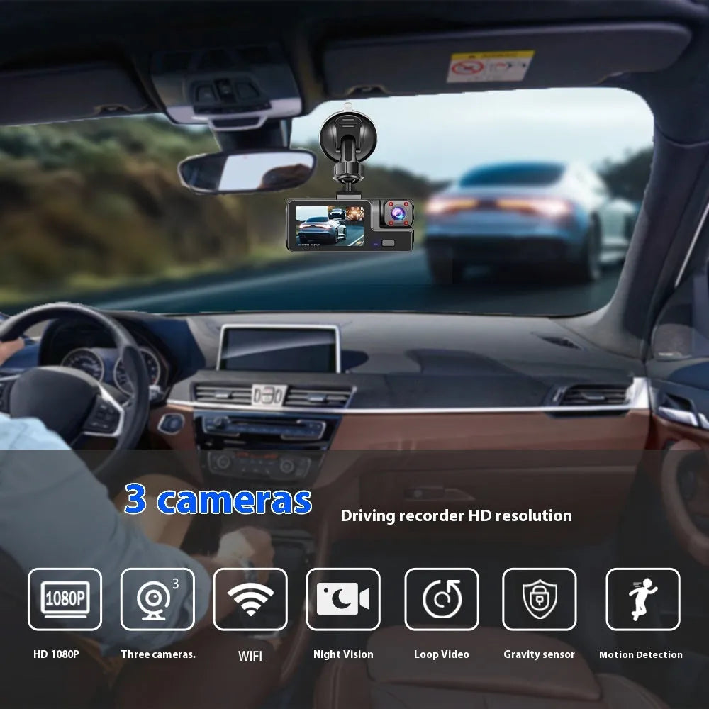 Black WiFi driving recorder with 2-inch screen mounted behind car rear-view mirror