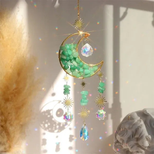 K9 crystal moon charm pendant on a metal chain for car rear-view mirror decoration.