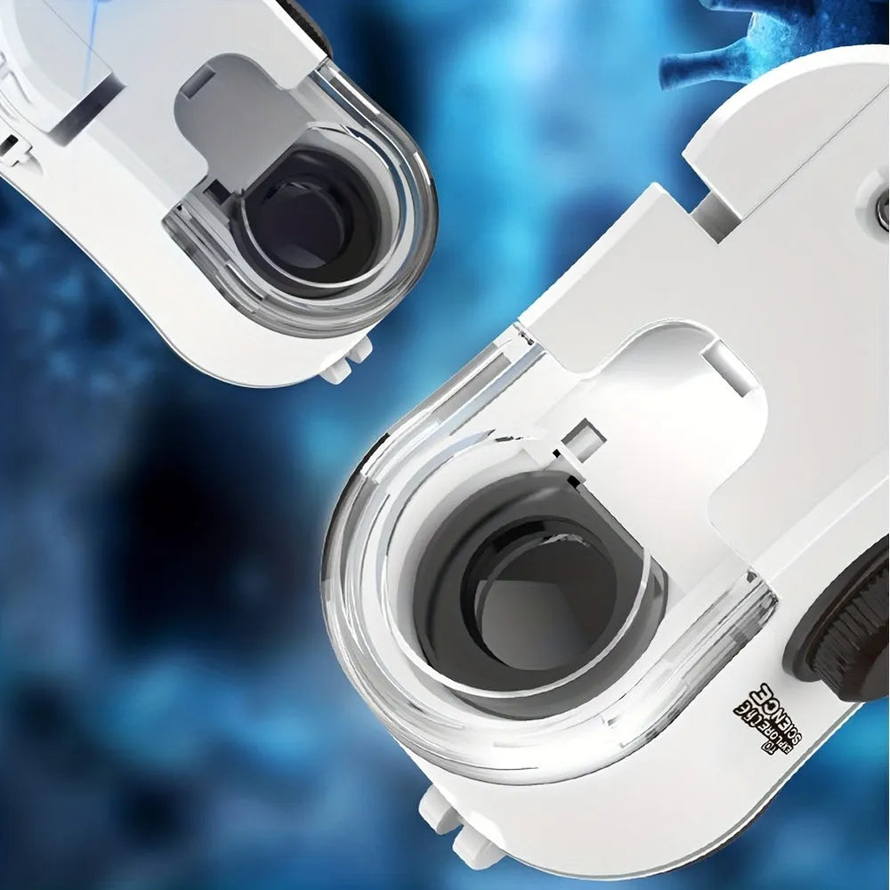 Mini 60x magnification mobile phone microscope with LED light and detachable phone clip on a white background.