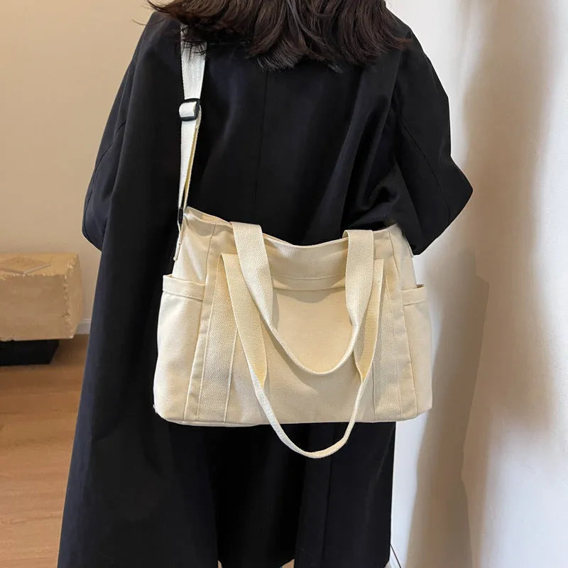 Large solid colour polyester canvas shoulder tote bag for women with outer pocket