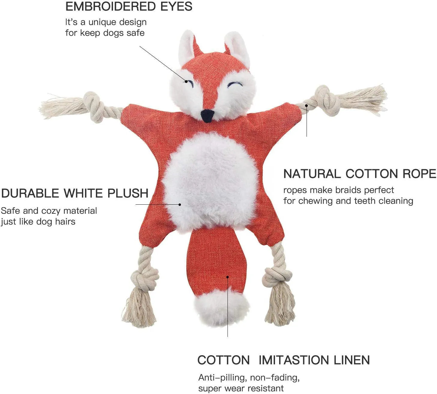 Brown fox-shaped dog toy with squeaker in head, crinkle paper body, and rope arms for chewing