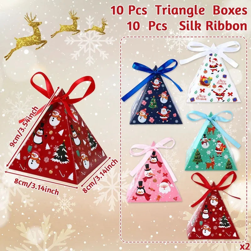 Christmas triangle candy box in paper with festive Santa and snowman print and ribbon ties