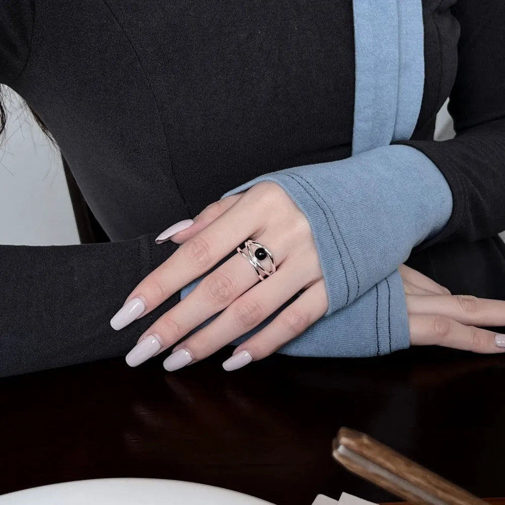 S925 sterling silver ring for women with black agate inlay geometric hollow design adjustable opening