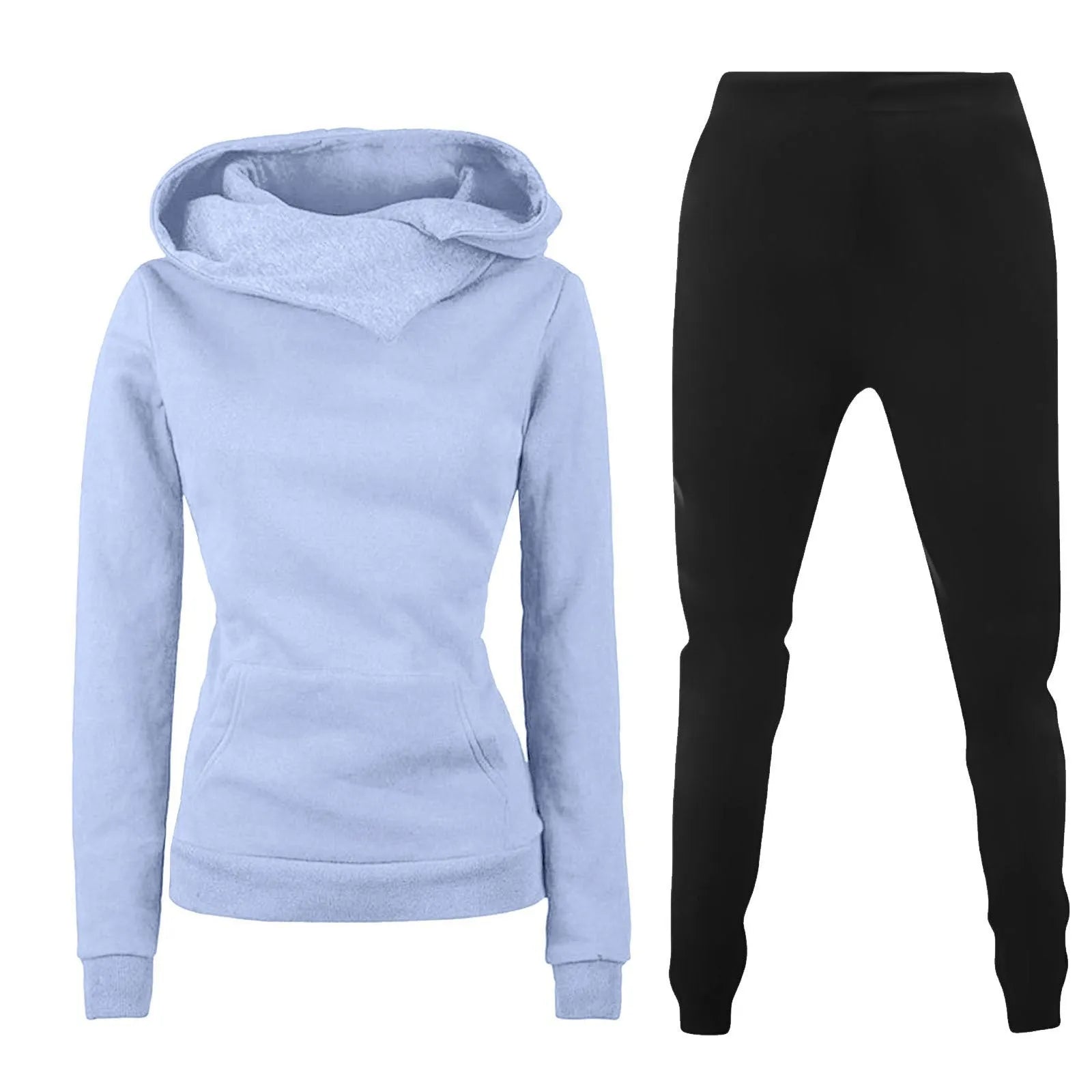 Ladies hooded sweater two-piece set in solid colour with long sleeves and jogger pants