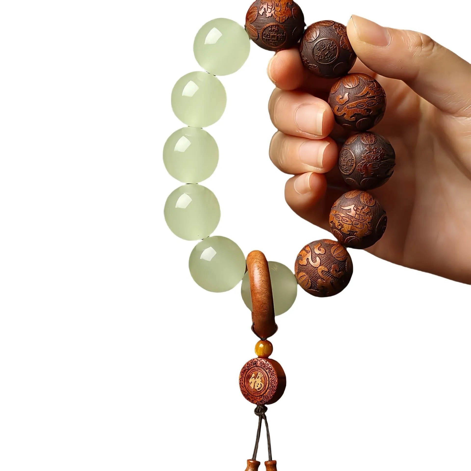 Unisex Amass Fortunes rosewood flexible ring bracelet with Fu carving on 20mm beads