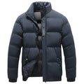 Winter men's warm padded down jacket, cotton filling, loose fit, solid colour, black, with side pockets