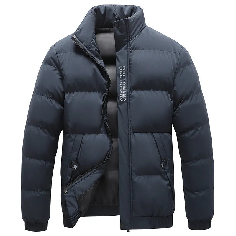 Winter men's warm padded down jacket, cotton filling, loose fit, solid colour, black, with side pockets