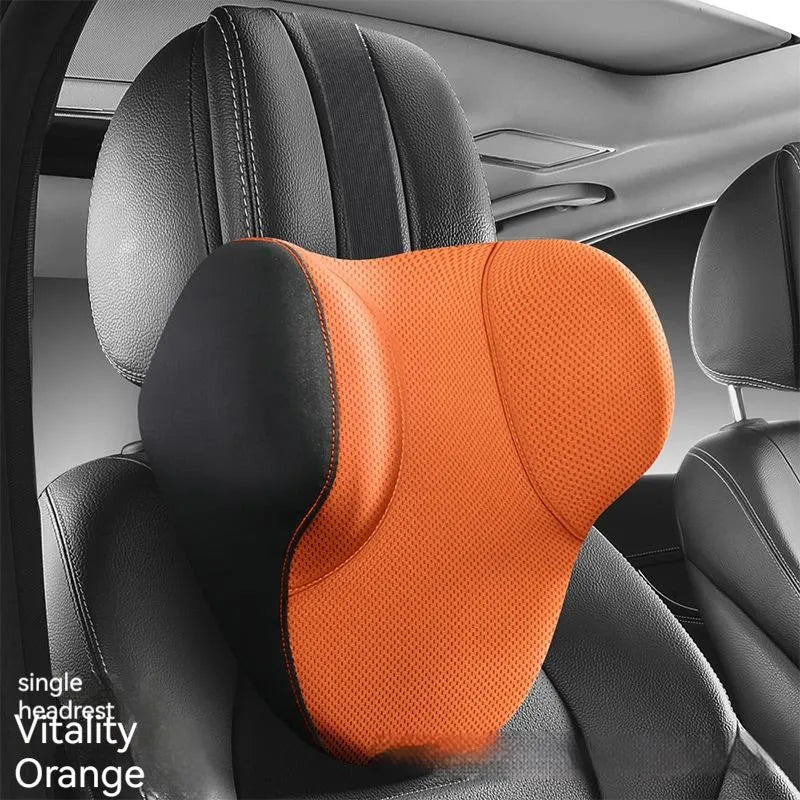Memory foam and latex car lumbar support pillow and matching headrest with knitted fabric cover.