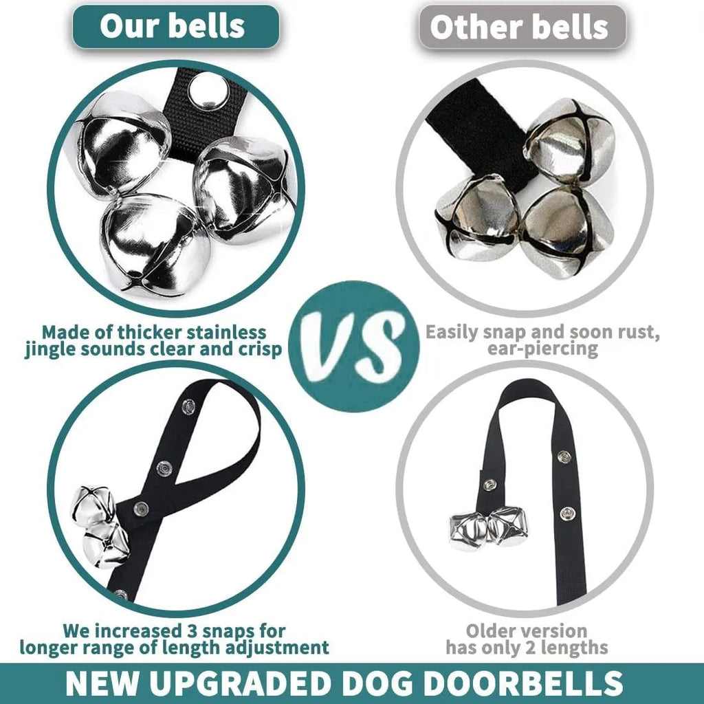 Premium silver metal dog training doorbell with seven large bells on an adjustable nylon strap.