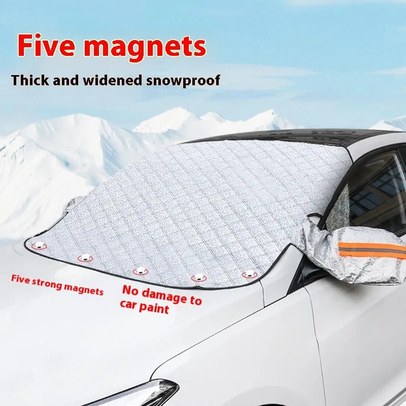 Winter car cover for SUV windshield made of aluminium foil with reflective stripes and magnets.