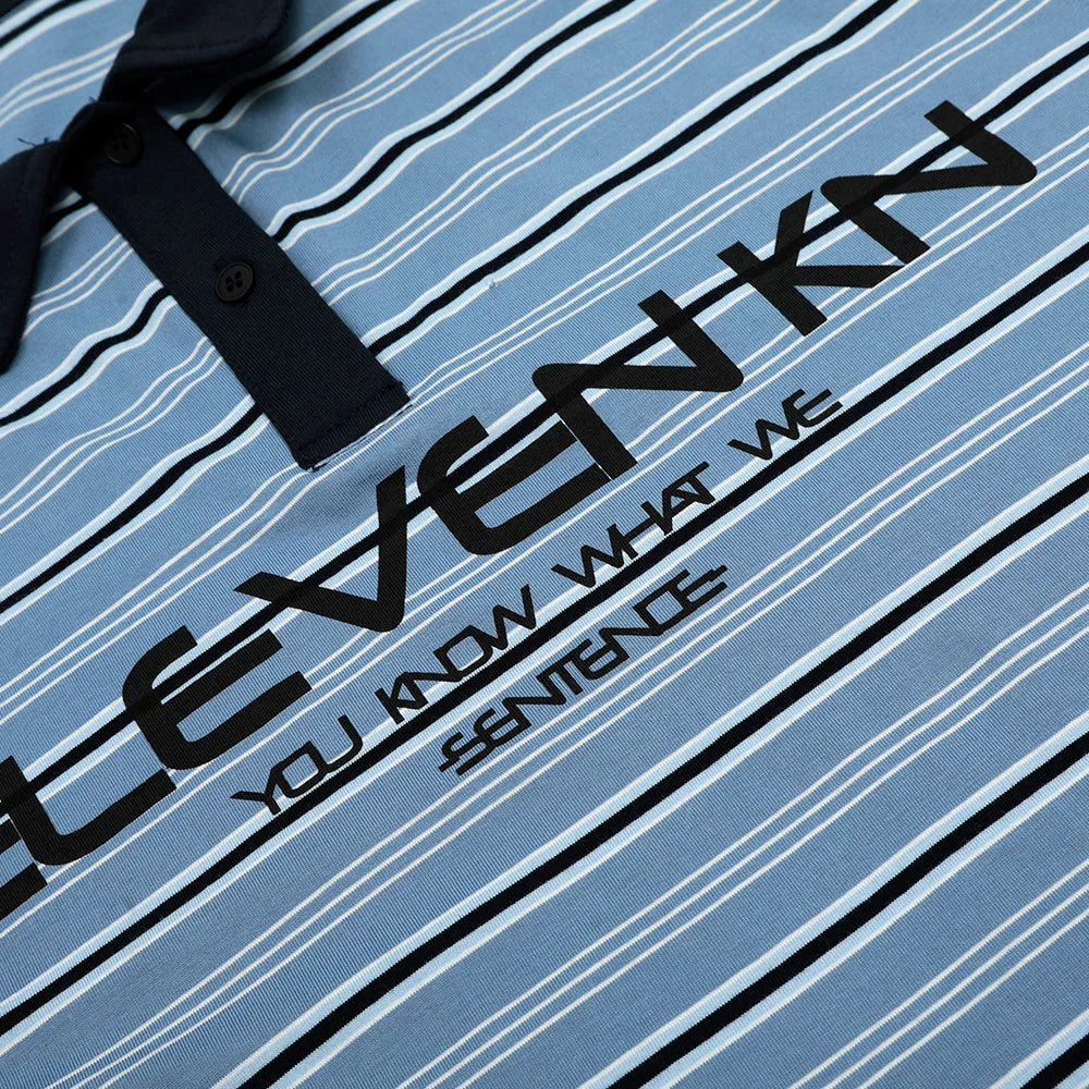 Man's blue striped cotton polo shirt with short sleeves and a loose, casual fit.