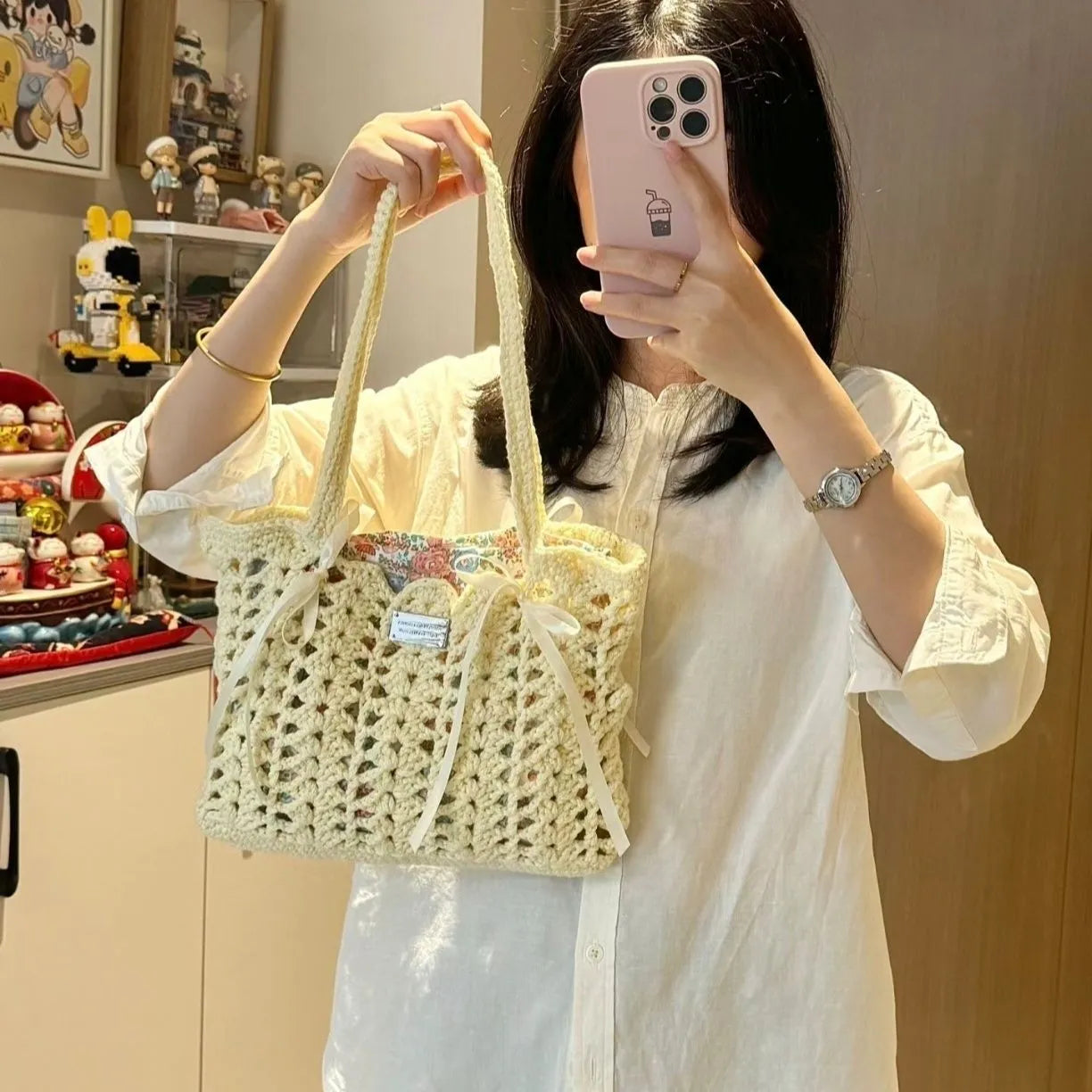 Handwoven natural wool summer bag with floral patterns in six style options