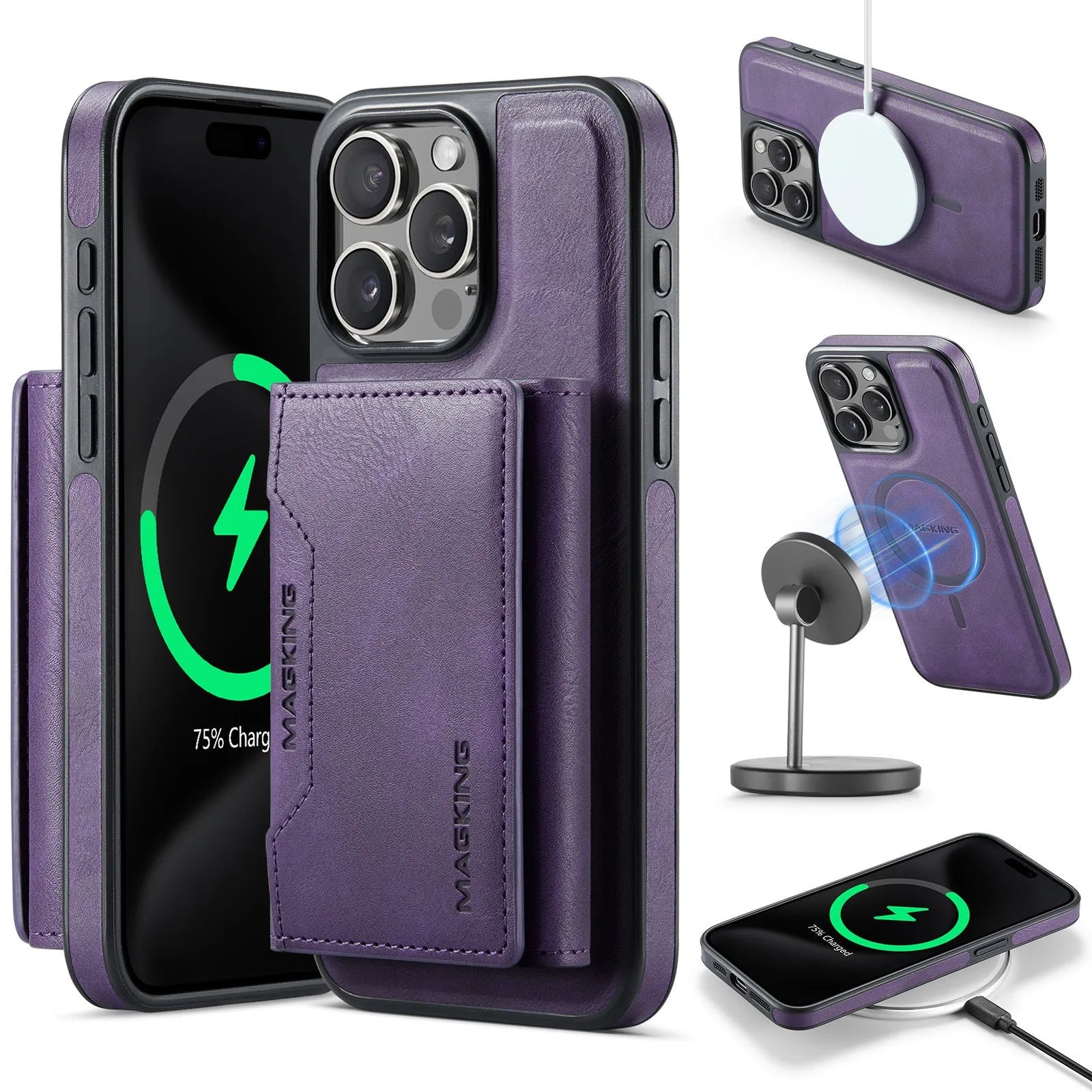 Multi-card TPU phone case with card slot and kickstand for Apple iPhone 12-16 series in black