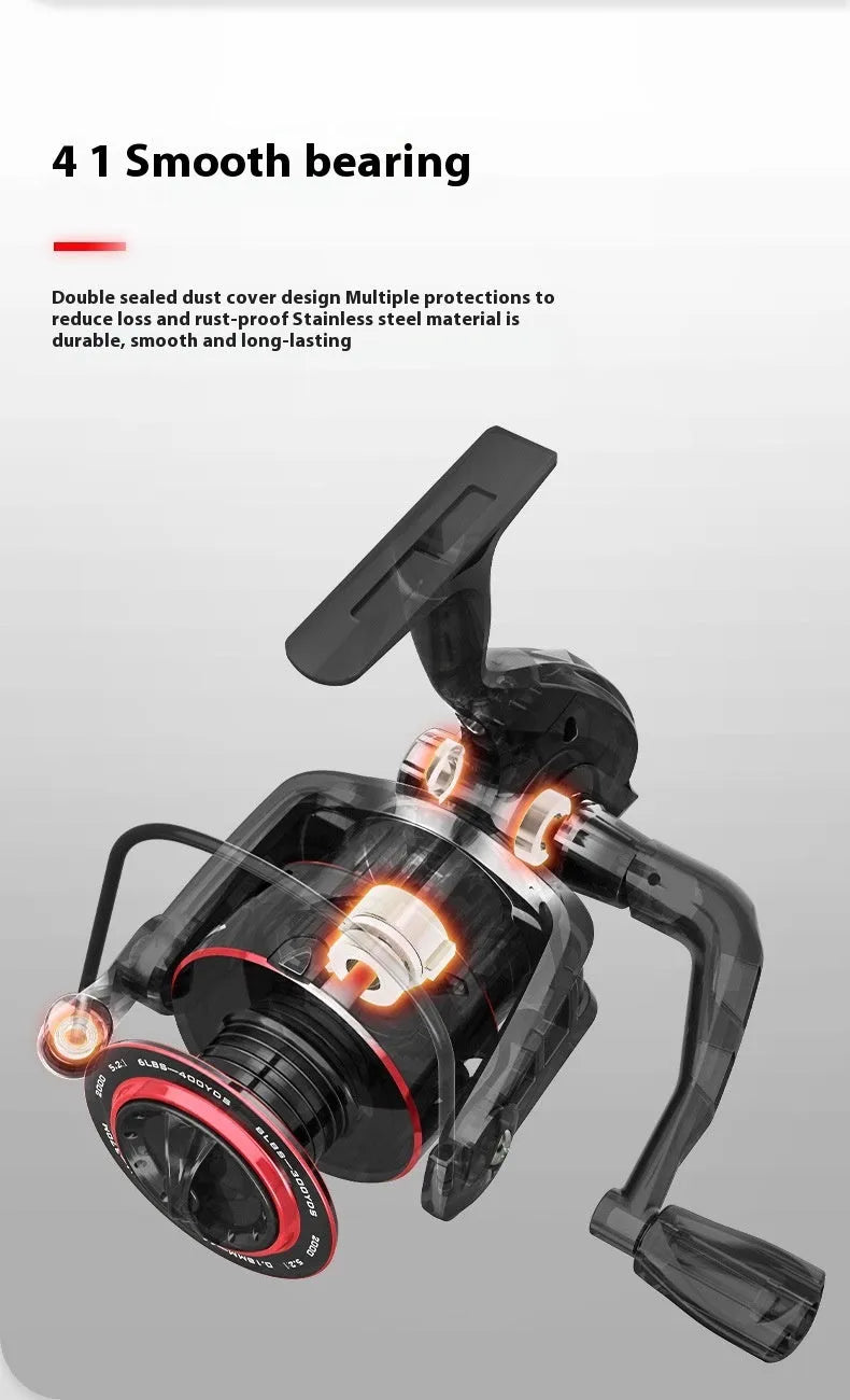 All metal spinning fishing reel and collapsed telescopic fishing rod combo on a background.