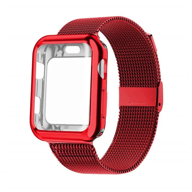 Apple Watch with silver magnetic Milanese loop band showing adjustable magnetic clasp on wrist.