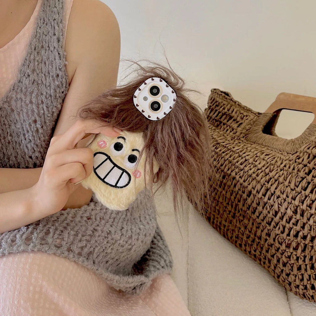 Plush long hair giggle boy smirk phone case for iPhone, cartoon furry fall protection cover, colour matching