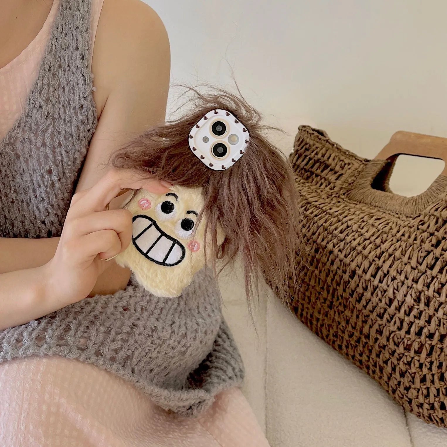 Plush long hair giggle boy smirk phone case for iPhone, cartoon furry fall protection cover, colour matching