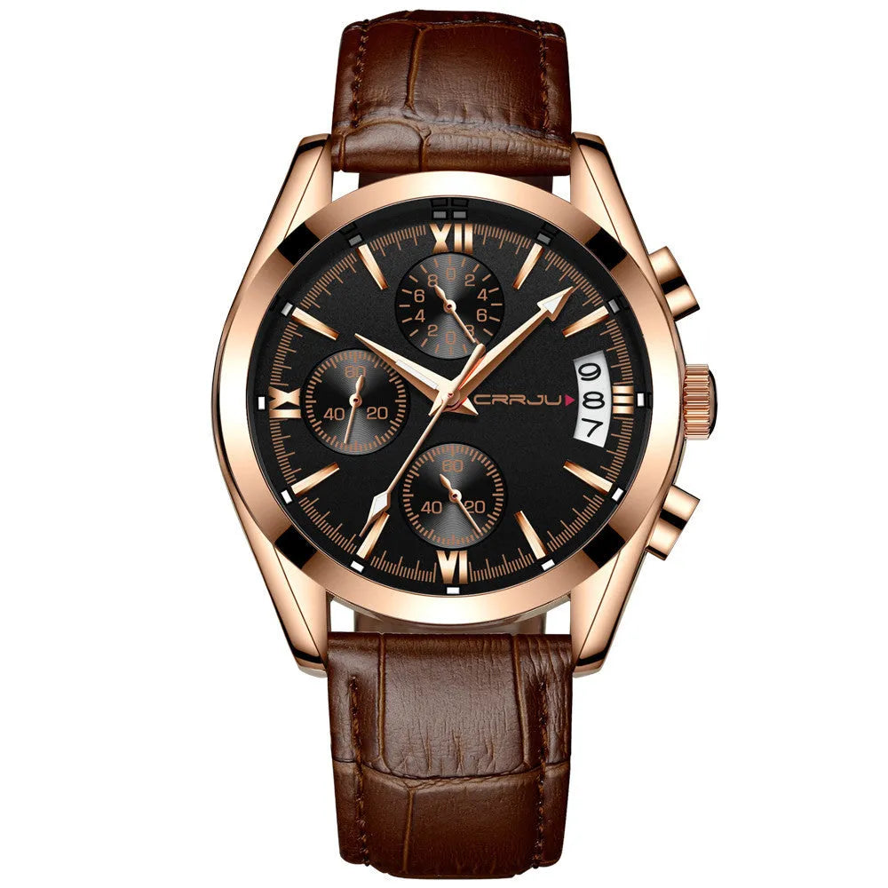 Men's multi-functional quartz watch with black shell and rose gold hands on a brown leather strap