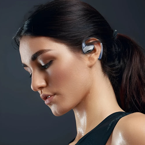 Bone conduction ear mounted Bluetooth headset in black with IPX6 waterproof rating