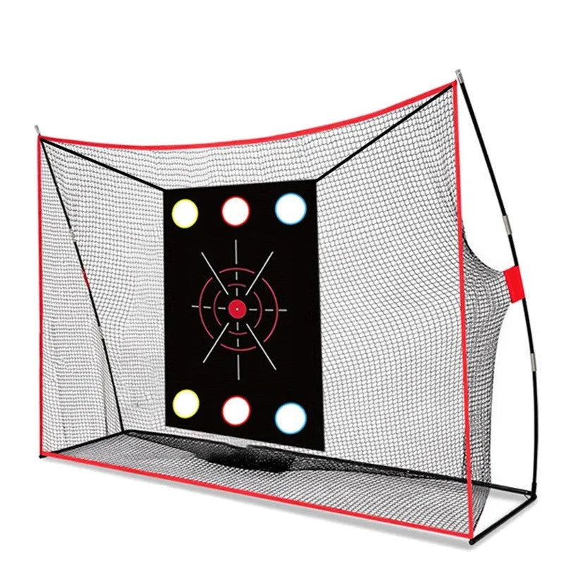 Golf wedge training net with 3-hole target and straw practice mat with accessories