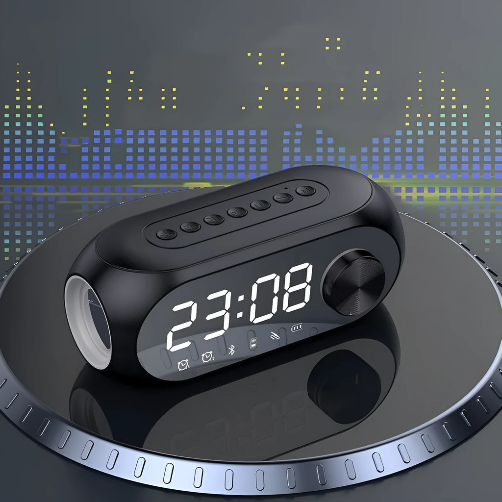 S8 Black extra bass portable mini Bluetooth speaker with FM radio display and alarm clock.