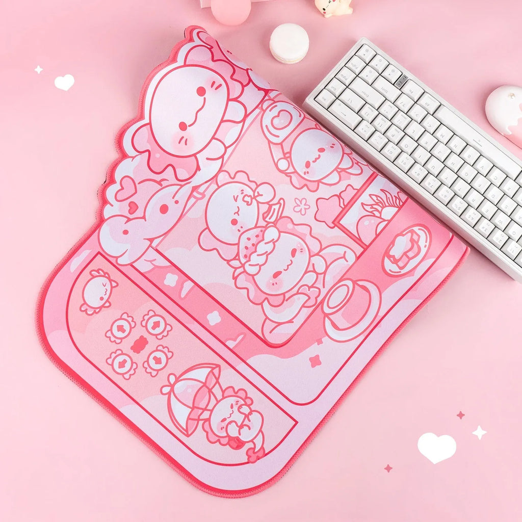 Hexagonal dragon crane machine cartoon anime large cloth mouse pad on a desk.