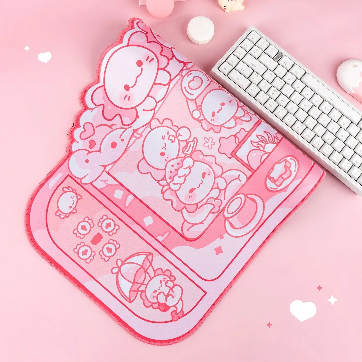 Hexagonal dragon crane machine cartoon anime large cloth mouse pad on a desk.