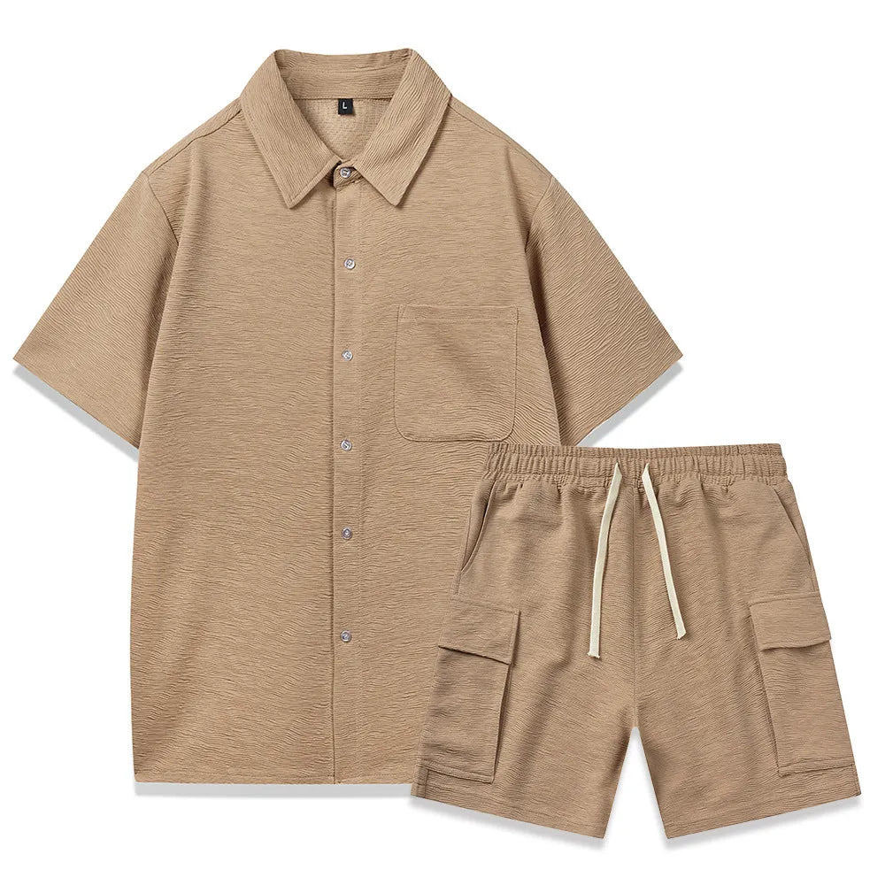Plain polyester elastic waist shorts and short sleeve top co-ord set in beige colour.