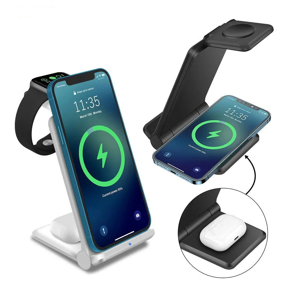 White 3 in 1 wireless charging station showing iPhone, AirPods and Apple Watch charging simultaneously