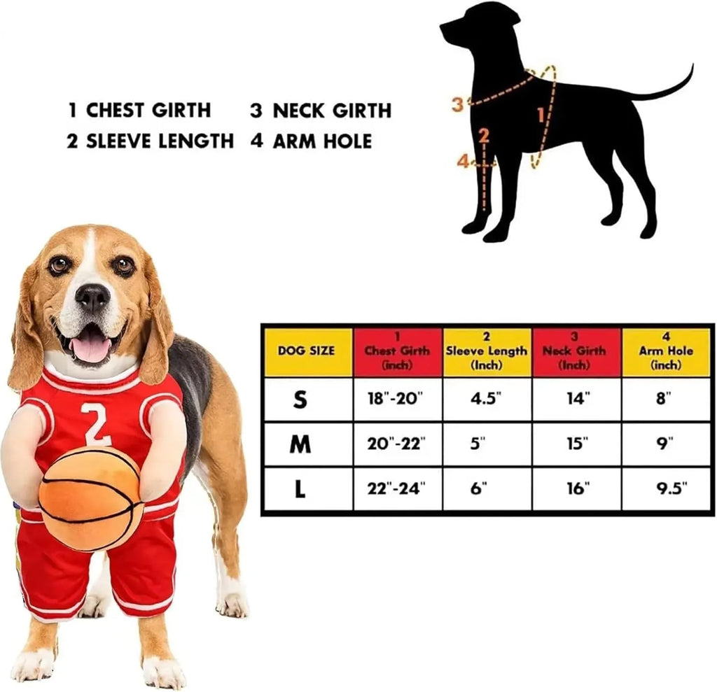 Dog basketball player costume in red or yellow with padded arms and toy basketball, S M L sizes
