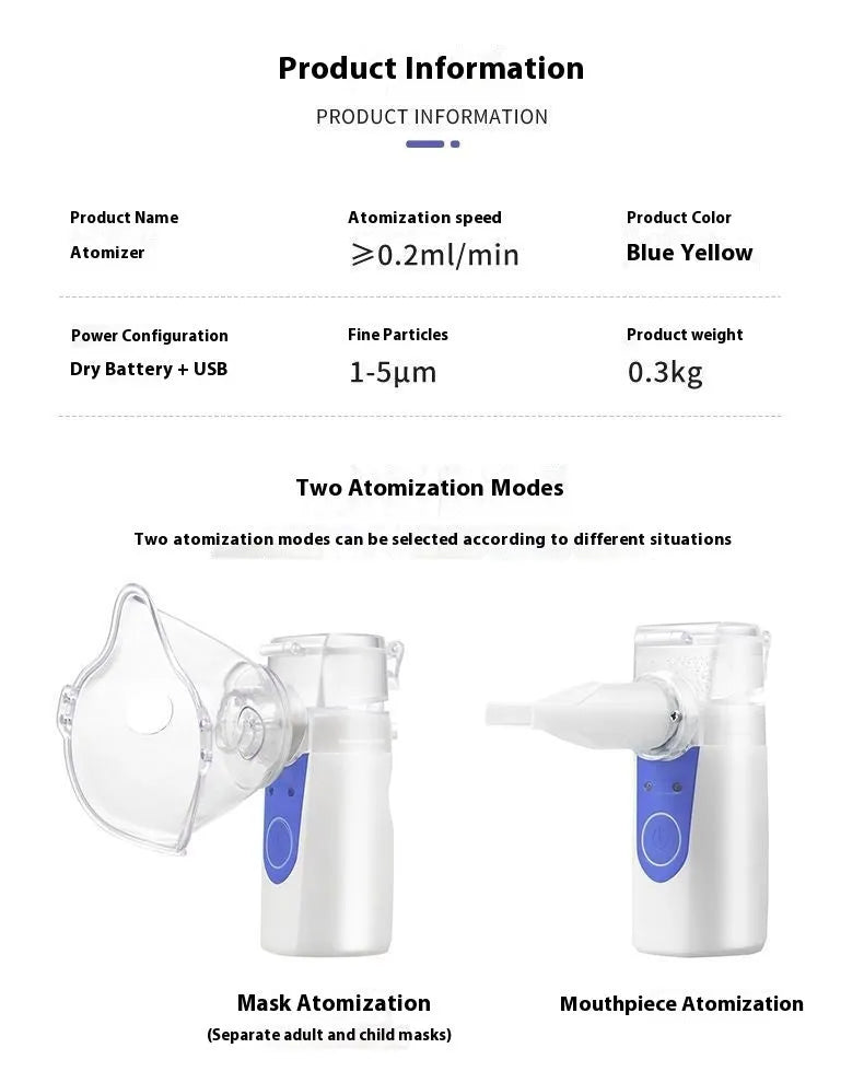 White columnar handheld USB nebuliser spray machine on a table with data cable.
