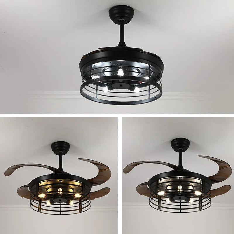 American retro industrial style ceiling fan lamp with acrylic blades and shade, remote control on table.