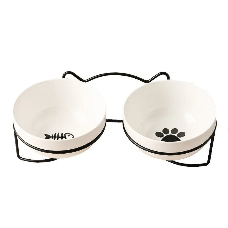 Ceramic cat bowl in an iron frame, showing cat paw print and fishbone pattern options