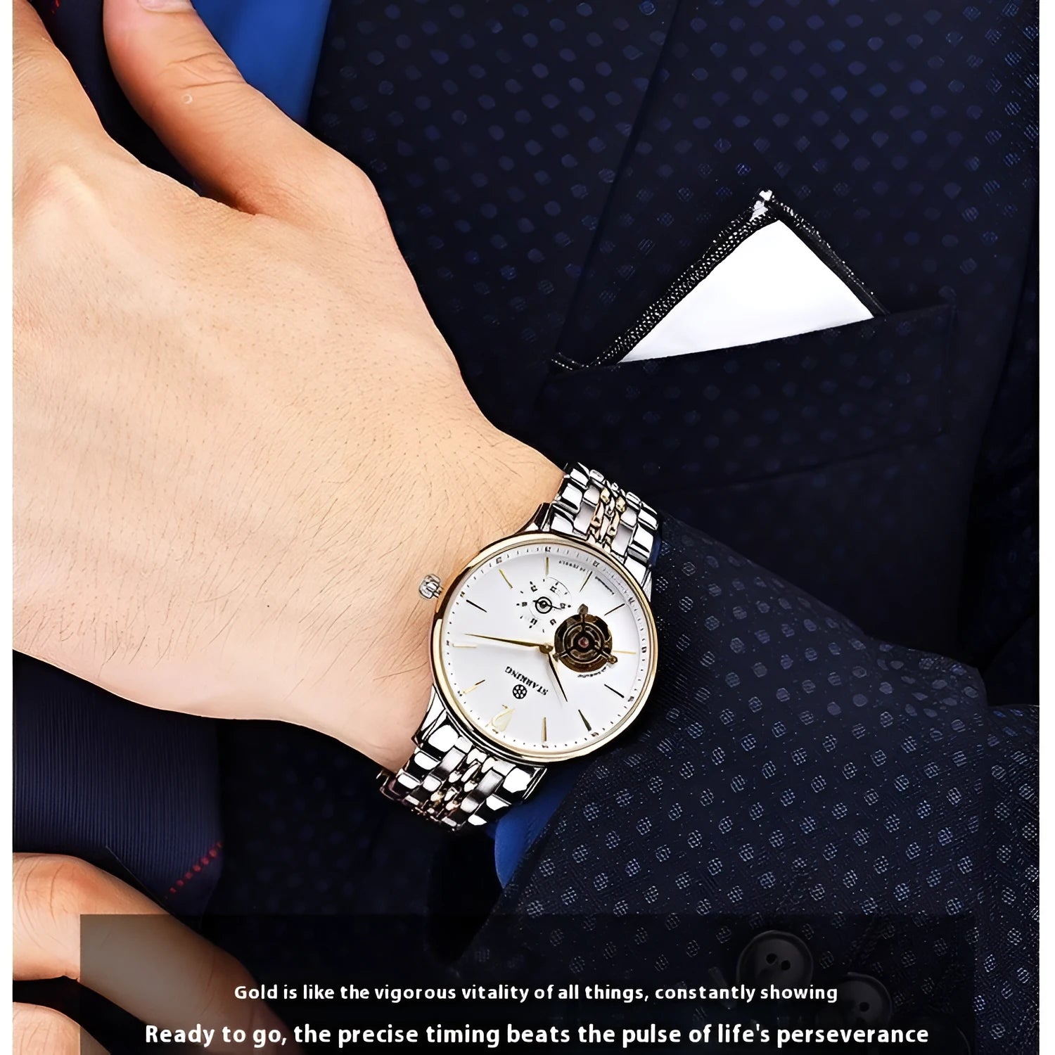 Men's stainless steel automatic watch with brown leather strap and hollow three-needle dial on white background.