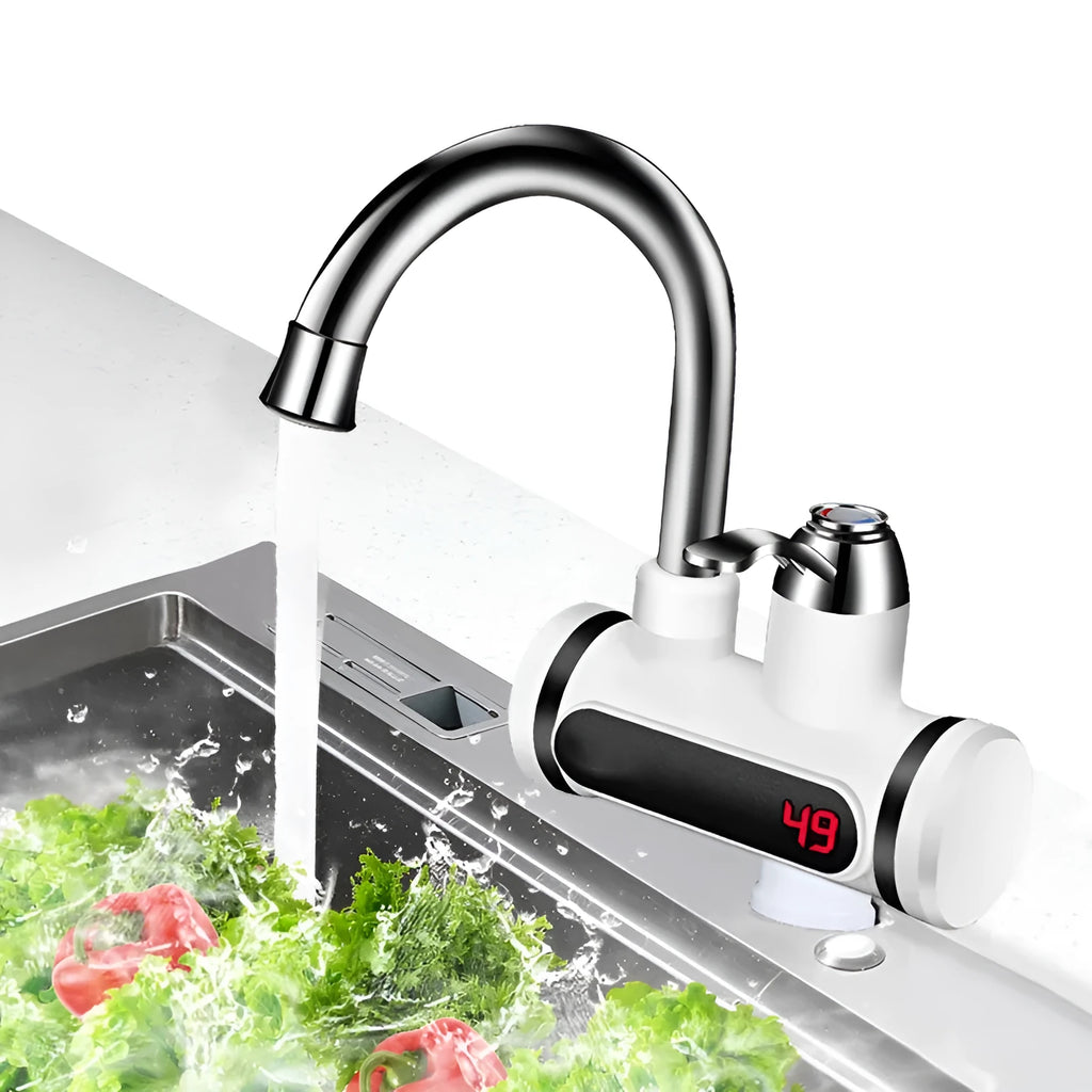 White electric instant water heater with digital display for kitchen sink installation.