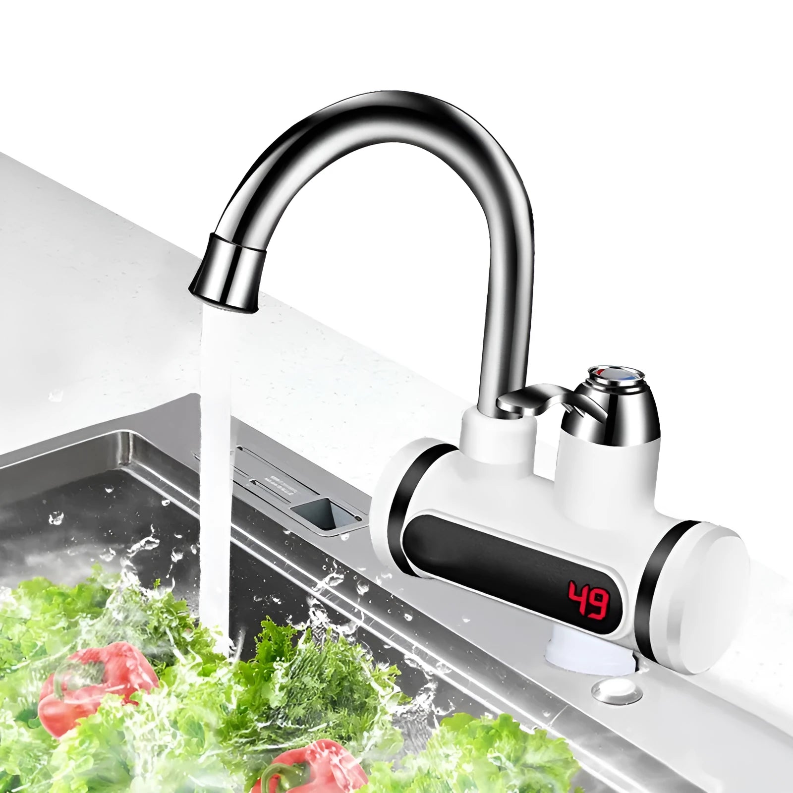 White electric instant water heater with digital display for kitchen sink installation.