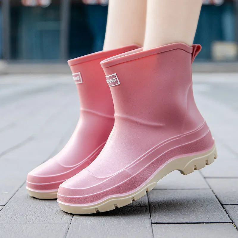 Women's short waterproof rubber shoes with non-slip soles in multiple colour options