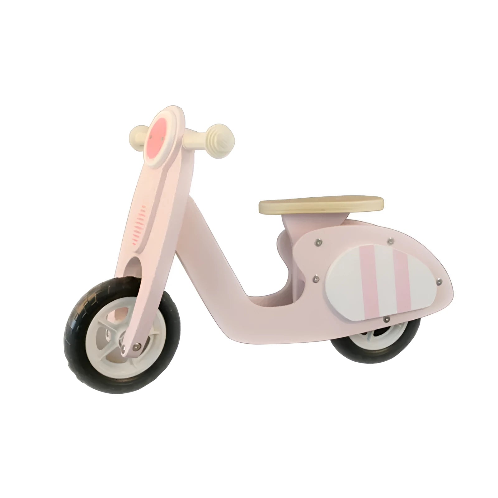 Pink wooden balance scooter for toddlers and children, 10 inches in size.