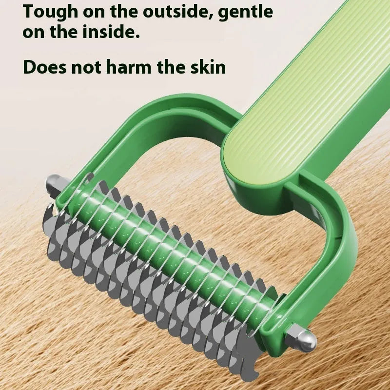 Green and grey dog unknotting combs in large and small sizes with stainless steel teeth.