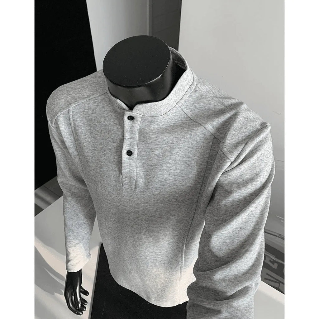 Men's loose-fit polo shirt with an asymmetric patchwork stand-up collar in heather grey