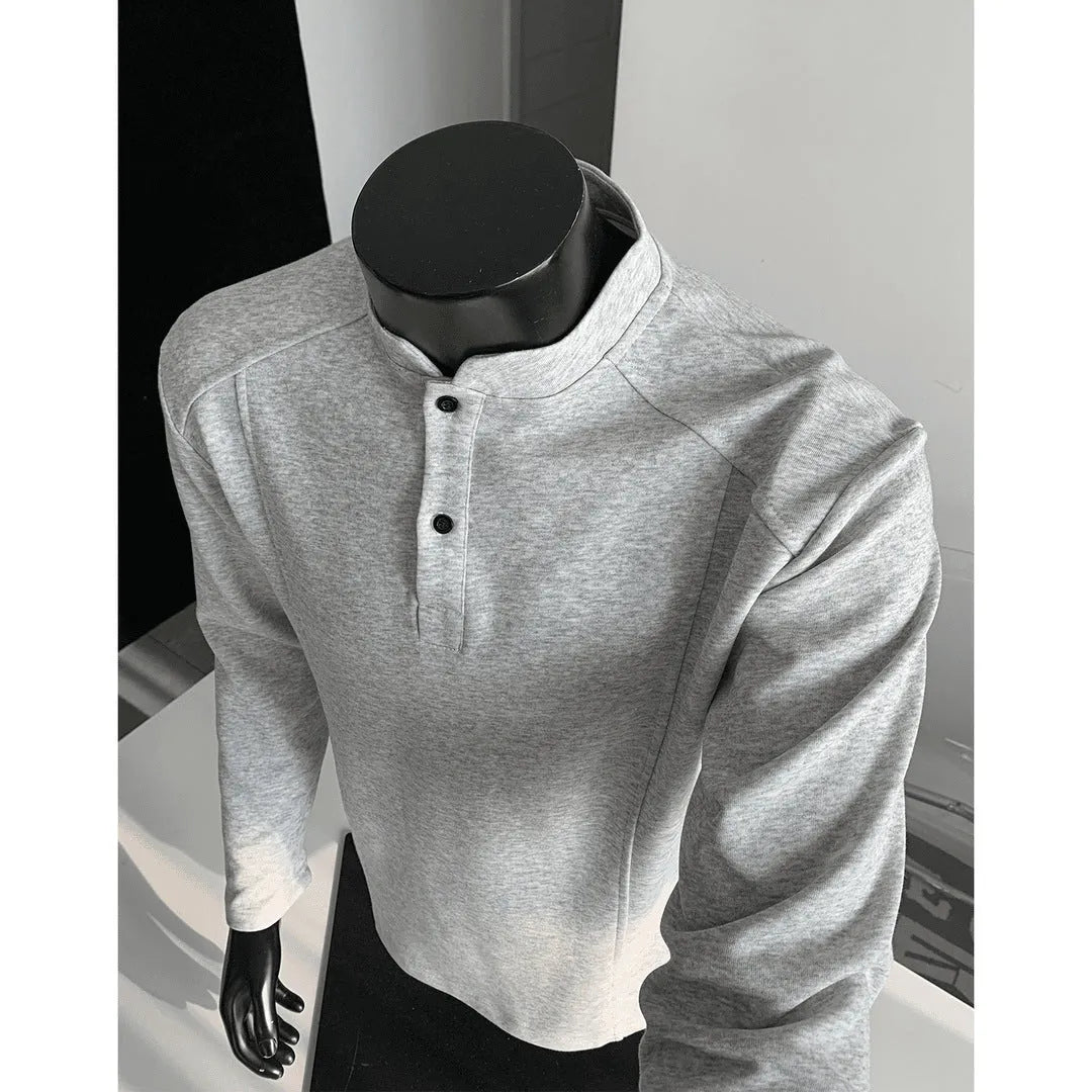 Men's loose-fit polo shirt with an asymmetric patchwork stand-up collar in heather grey