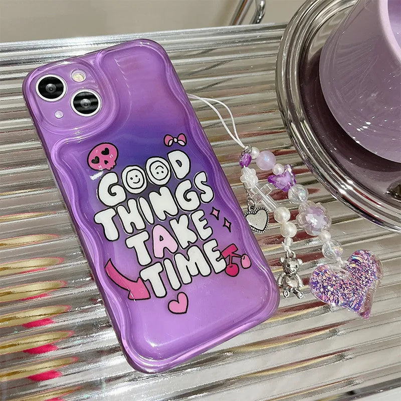 Purple graffiti and love pendant design iPhone case with a metal carrying chain attached.