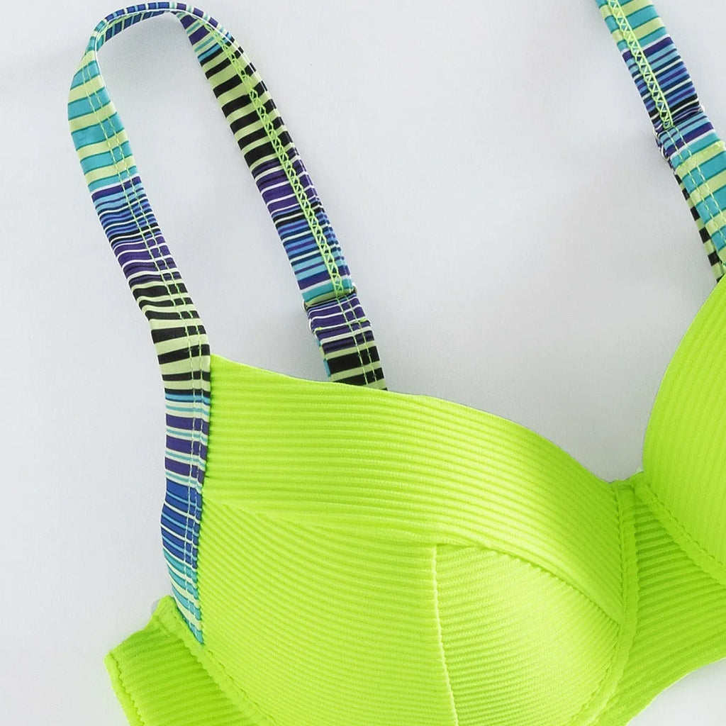 Green printed halter bikini for women with briefs style bottom
