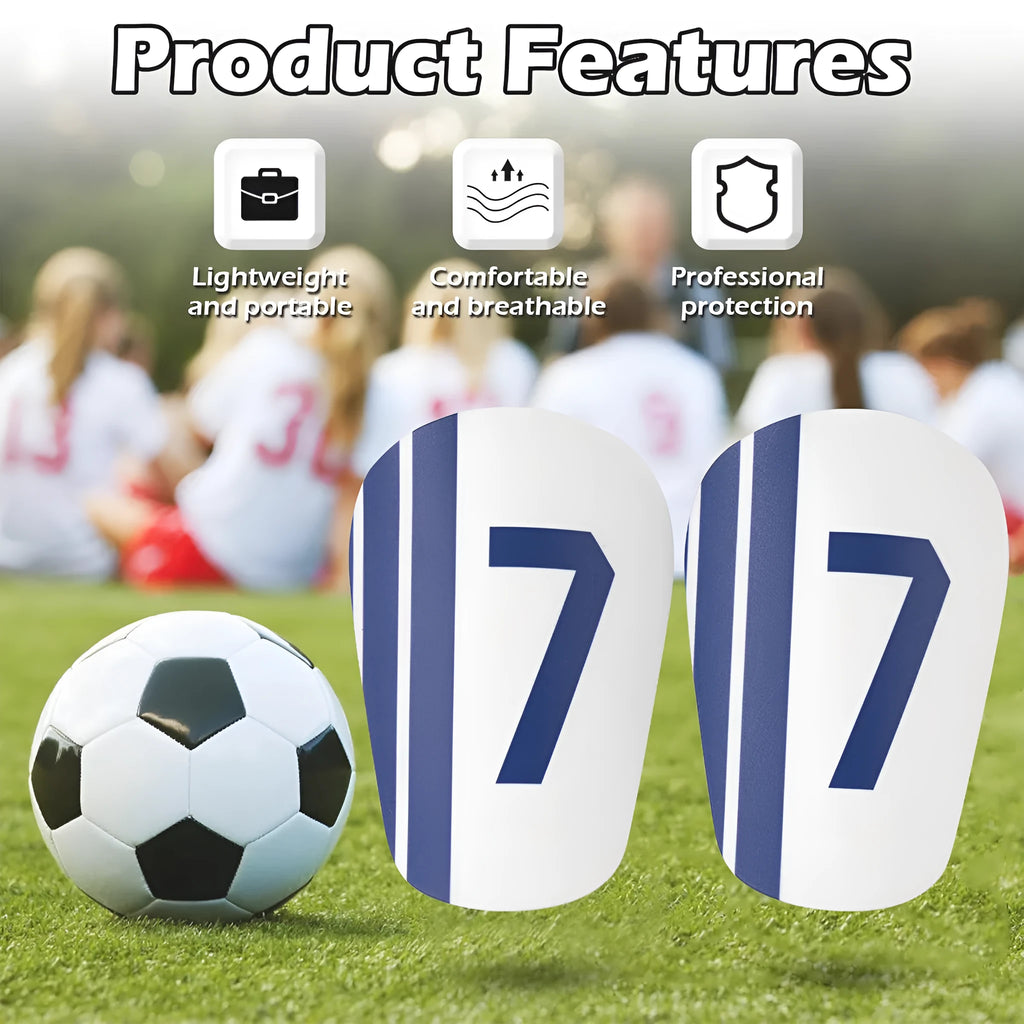 Blue and white No. 7 thickened PU football shin guards in XS, S and M sizes, one pair