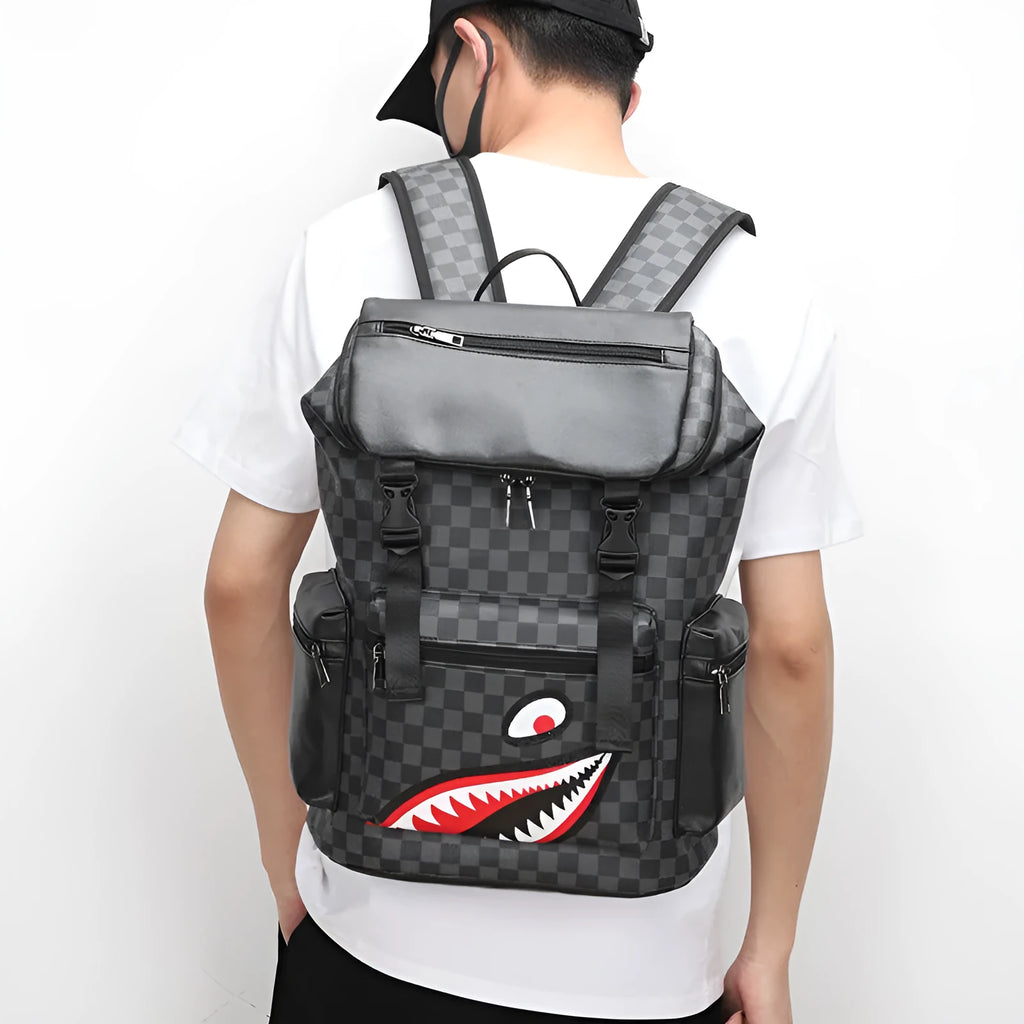 Korean style checkered pattern PU leather backpack with curved shoulder straps