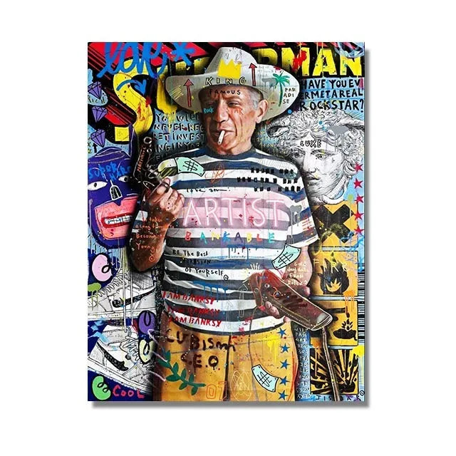 Frameless abstract graffiti canvas poster with spray painted street art design, available in sizes from 20x25cm to 80x120cm.
