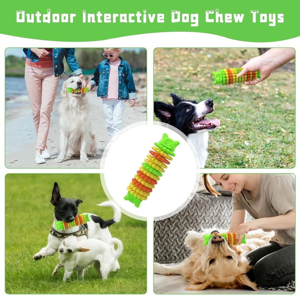 Blue green pink rubber caterpillar shape dog chew toy for aggressive chewers on a white background.