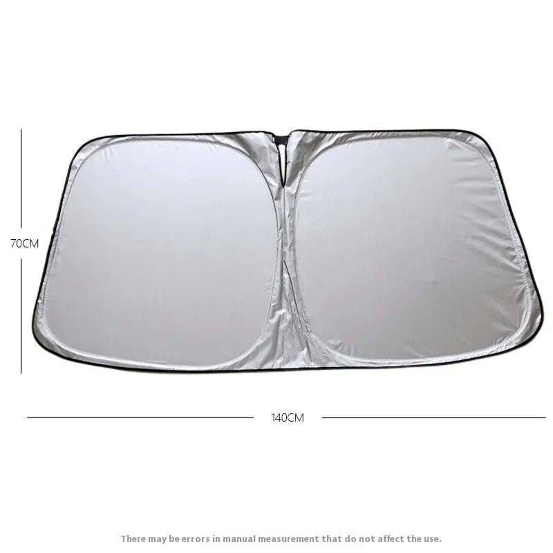 Titanium silver aluminium foil car sunshade folded, showing reflective surface and size options for windscreen protection.
