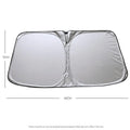 Titanium silver aluminium foil car sunshade folded, showing reflective surface and size options for windscreen protection.